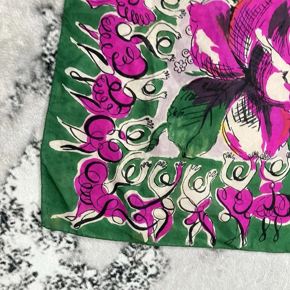 Vintage 100% Silk Floral Square Scarf Pink Green Rose Butterfly Hand Rolled